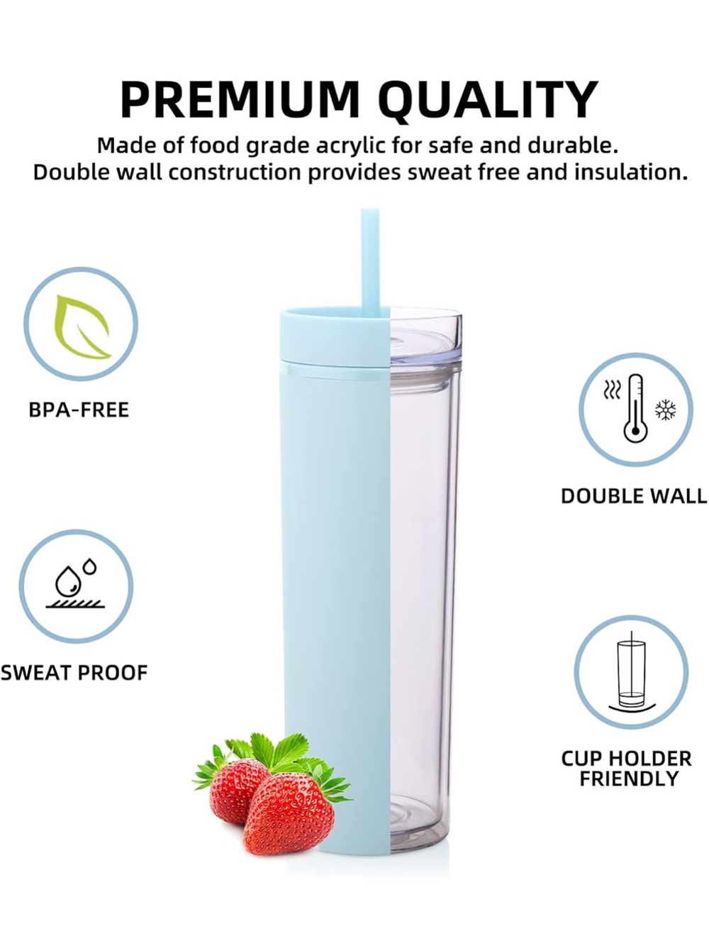 Set of 5 Light Blue Insulated Tumblers with Lids and Straws